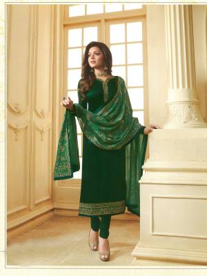 Attract All In This Beautiful Designer Straight Suit In Dark Green Color Paired With Green Colored Dupatta. Its Top Is Georgette Satin Based Paired With Santoon Bottom And Georgette Dupatta. 
