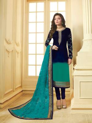 Here Is a Pretty Shaded Designer Straight Suit In Nay Blue And Blue Paired With Navy Blue Bottom And Turquoise Blue Colored Dupatta. Its Top Is Georgette Satin Fabricated Paired With Santoon Bottom And Net Dupatta. Buy Now.