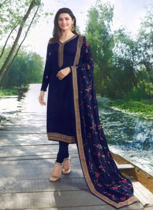 Enhance Your Beauty Wearing This Designer Straight Suit In Navy Blue Color Paired With Navy Blue Colored Dupatta. Its Top Is Fabricated On Georgette Satin Paired With Santoon Bottom And Georgette Fabricated Dupatta. Grab Now.