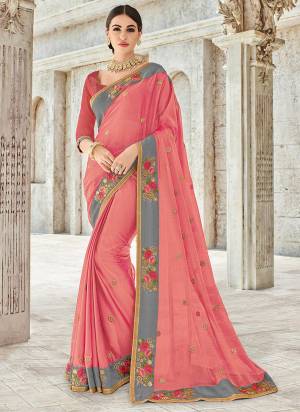 Presenting  this pink color two tone chiffon pattern saree. Ideal for party, festive & social gatherings. this gorgeous saree featuring a beautiful mix of designs. Its attractive color and designer heavy embroidered design, Flower embroidered design on border, stone design, beautiful floral design work over the attire & contrast hemline adds to the look. Comes along with a contrast unstitched blouse.