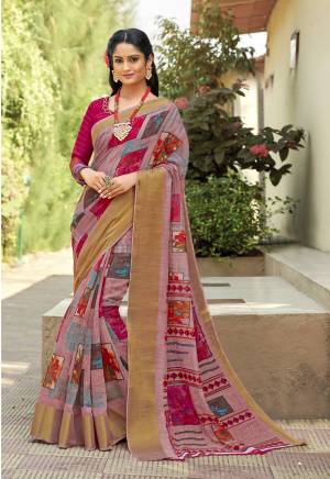 This Festive Season Look Pretty And Elegant With This Saree In Pink Color Paired With Dark Pink Colored Blouse. This Saree And Blouse Are Fabricated On Cotton Silk Beautified With Prints All Over It. It Is Light In Weight Which Also Ensures a Superb Comfort To Enjoy The Fest. Buy Now.