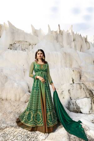 Here Is A Very Pretty Shaded Designer Suit In Light Green And Brown Color Paired With Green Colored Bottom And Dupatta. Its Top IS Fabricated On Net And Art Silk Paired With Santoon Bottom And Georgette Based Dupatta. 