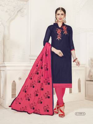 Enhance Your Personality Wearing This Designer Dress Material In Navy Blue Colored Top Paired With Contrasting Dark Pink Colored Bottom And Dupatta. Its Top Is Silk Based Paired With Cotton Bottom And Chiffon Dupatta. Get This Stitched As Per Your Desired Fit and Comfort. 
