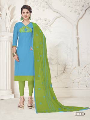Pretty Bright Shade Is Here With This Dress Material In Sky Blu Green Color Paired With contrasting Light Green Colored Bottom And Dupatta, Its Top Is Fabricated On Art Silk Paired With Cotton Bottom And Chiffon Dupatta. 