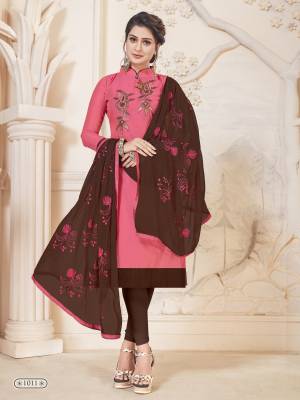 Lovely Color Pallete Is Here With This Dress Material In Pink Colored Top Paired With Brown Colored Bottom And Dupatta. Its Top Is Silk Based Paired With Cotton Bottom And Chiffon Dupatta. Buy Now.