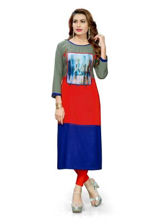 Multi Layered Readymade Kurti Is Here In Grey, Red And Royal Blue Color. This Pretty Kurti Is Rayon Based Beautified With Printed Patch Work. 