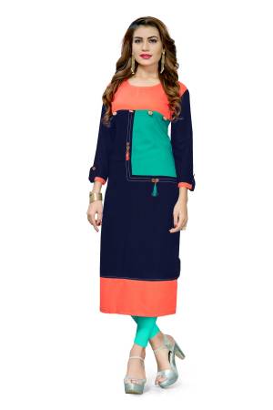 Grab This Very Pretty Readymade Kurti In Navy Blue And Peach Color Fabricated On Rayon. This Kurti Is Light In Weight And Easy To Carry And Also Durable. 