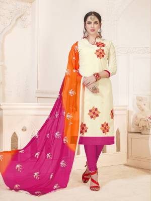 Simple And Elegant Looking Dress Material Is Here In Off-white Color Paired With Dark Pink Colored Bottom And Dupatta. Its Top And Bottom Are Cotton Based Paired With Chiffon Dupatta. It Is Beautified With Thread Embroidery Over The Top And Dupatta. 