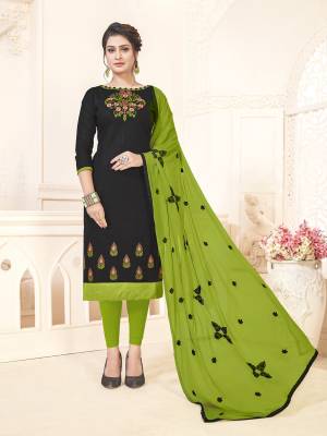 For A Bold And Beautiful Look, Grab This Dress Material In Black Colored Top Paired With Green Colored Bottom And Dupatta. Its Top And Bottom Are Cotton Based Paired With Chiffon Dupatta. It Is Light Weight And Easy To Carry All Day long. 