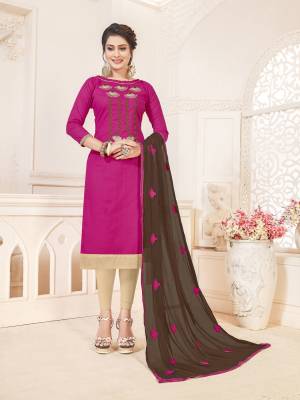 Shine Bright Wearing This Straight Suit In Dark Pink Colored Top paired With Beige Colored Bottom And Brown Colored Dupatta. Its Top And Bottom Are Cotton Based Paired With Chiffon Dupatta. Get This Stitched As Per Your Desired Fit And Comfort. 