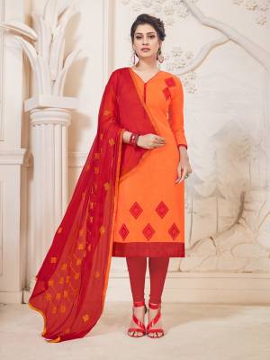 Orange And Red Color Induces Perfect Summery Appeal To Any Outfit, So Grab This Designer Dress Material In Orange Colored Top Paired With Contrasting Red Colored Bottom And Dupatta. It Is Cotton Based Paired With Chiffon Dupatta. Buy Now.