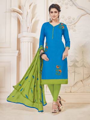 If Those Readymade Does not Lend You The Desired Comfort Than Grab This Cotton Based Dress Material In Blue Colored Top Paired With Contrasting Light Green Colored Bottom And Dupatta. Buy Now.