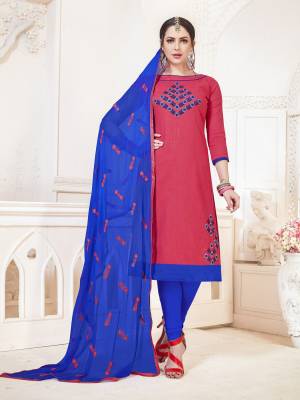 Simple And Elegant Looking Dress Material Is Here In Pink Color Paired With Royal Blue Colored Bottom And Dupatta. Its Top And Bottom Are Cotton Based Paired With Chiffon Dupatta. It Is Beautified With Thread Embroidery Over The Top And Dupatta. 