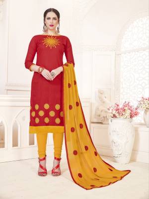 For A Bold And Beautiful Look, Grab This Dress Material In Red Colored Top Paired With Yellow Colored Bottom And Dupatta. Its Top And Bottom Are Cotton Based Paired With Chiffon Dupatta. It Is Light Weight And Easy To Carry All Day long. 