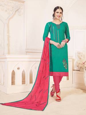 Enhance Your Beauty With This Pretty Dress Material In Sea Green Colored Top Paired With Contrasting Old Rose Pink Colored Bottom And Dupatta. Get This Cotton Based Dress Material Stitched As Per Your Desired Fit And Comfort. 