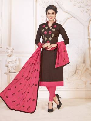 Grab This Designer Dress Material In Brown Colored Top Paired With Contrasting Pink Colored Bottom And Dupatta. It Is Cotton Based Paired With Chiffon Dupatta. Buy Now And Get This Stitched As Per Your Desired Fit And Comfort. 