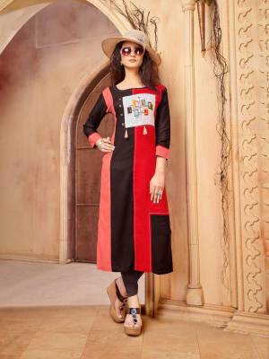 Grab This Pretty Kurti In Red And Brown Color Fabricated On Rayon. It Is Beautified With Printed Patch Work. Buy Now.