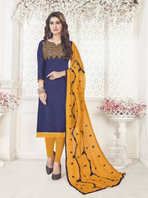 Enhance Your Personality Wearing This Suit In Navy Blue Colored Top Paired With Contrasting Musturd Yellow Colored Bottom And Dupatta. This Dress Material Is Cotton Based Paired With Chiffon Dupatta. Buy Now.