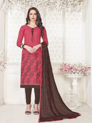 Look Pretty In This Lovely Straight Suit Old Rose Pink Colored Top Paired With Contrasting Brown Colored Bottom And Dupatta. This Dress Material Is Cotton based Paired With Chiffon Dupatta. It Is Beautified With Embroidery Over The Top And Dupatta. 