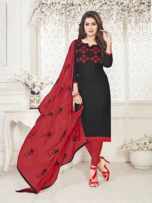 Enhance Your Personality Wearing This Suit In Black Colored Top Paired With Red Colored Bottom And Dupatta. This Dress Material Is Cotton Based Paired With Chiffon Dupatta. Buy Now.