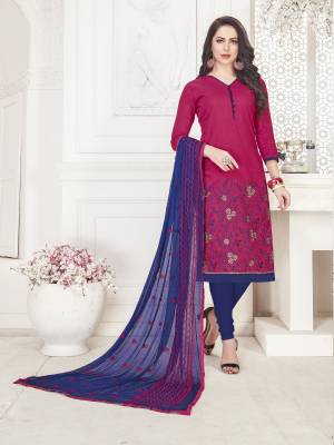Flaunt Your Rich And Elegant Taste Wearing This Suit In Dark Pink Colored Top Paired With Contrasting Navy Blue Colored Bottom And Dupatta. Its Top And Bottom Are Cotton Based Paired With Chiffon Duapatta. 
