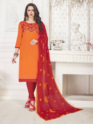 Grab This Dress Material In Orange Colored Top Paired With Contrasting Red Colored Bottom And Dupatta. Its Top And Bottom Are Cotton Based Paired With Chiffon Duapatta. Get This Stitched As Per Your Desired Fit And Comfort. 