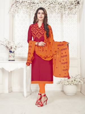 Attractive Color Pallete Is Here With This Dress Material In Red Colored Top Paired With Contrasting Orange Colored Bottom And Dupatta. Its Top And Bottom Are Cotton Based Paired With Chiffon Dupatta. Its Fabric Ensures Superb Comfort All Day Long. 