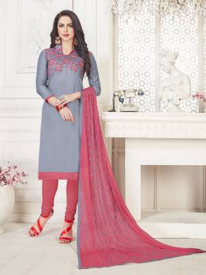 Get This Lovely Dress Material For Your Casual Or Semi-Casual Wear. Its Top Is Fabricated On Satin Cotton Paired With Cotton Bottom And Chiffon Dupatta. It Is Beautified With Attractive Thread Work. Get This Stitched As Per Your Desired Fit And Comfort. 