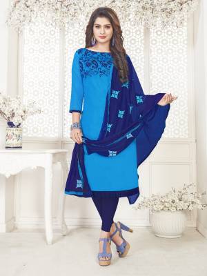 If Those Readymade Suit Does Not Lend You The Desired Comfort, Than Grab This Embroidered Dress Material And Get This Stitched As Per Your Desired Fit And Comfort, It Top Is Satin Cotton Based Paired With Cotton Bottom and Chiffon Dupatta, Buy Now.