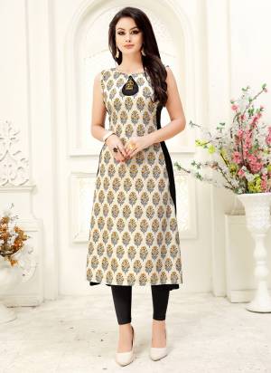 Grab This Pretty Simple Readymade Kurti In cream And Black Color Fabricated On Crepe. It Is Beautified With Prints And Also Light In Weight. Buy Now.