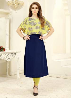 Here Is Lovely Cape Patterned Readymade Kurti In Navy Blue And Yellow Color Fabricated On Crepe. It Is Beautified With Prints Over The Cape. 