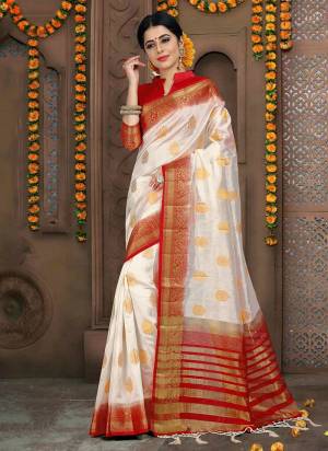 Simple And elegant Looking Silk Based Saree Is Here In White Color Paired With Red Colored Blouse. This Saree And Blouse are Fabricated On Art Silk Beautified With Weave All Over It. 