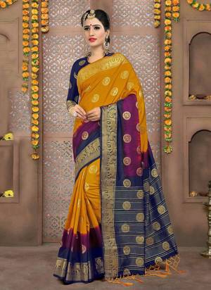 Bright And Visually Appealing Color Is Here With This Saree In Musturd Yellow Color Paored With Contrasting Navy Blue Colored Blouse. This Saree And Blouse Are Fabricated On Art Silk. 