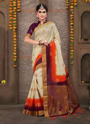 Look Pretty Wearing this Silk Based Saree In Off-White Color Paired With Contrasting Wine Colored Blouse. This Saree And Blouse Are Fabricated On Linen Silk Beautified With Weave. This Rich Fabric Gives An Elegant Look To Your Personality. 