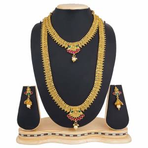 To Give A Heavy Tradiotional Look, Grab This Beautiful Set Of Necklace Which Contains Two Necklaces And A Pair Of Earring. This Necklace Set Can Be Paired With Any Colored Traditional Attire And Also Can Be Wore Both At A Time Or Single As Per The Occasion.