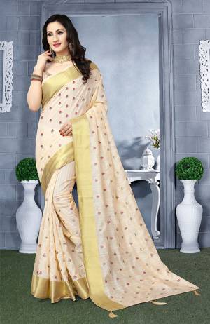 Celebrate This Festive Season wearing This Designer Saree In Beige Color Paired With Beige Colored Blouse. This Saree IS Silk Based With Bricade Fabricated Blouse. It Is Easy To Carry And Durable. 