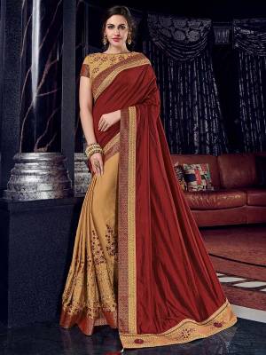 All the Fashionable women will surely like to step out in style wearing this maroon and Beige color two tone silk fabrics and bright georgette saree. this gorgeous saree featuring a beautiful mix of designs. look gorgeous at an upcoming any occasion wearing the saree. Its attractive color and designer heavy embroidered design, zari resham work, stone design, beautiful floral design work over the attire & contrast hemline adds to the look. Comes along with a contrast unstitched blouse.