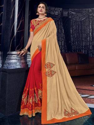Drape this Cream and red color silk fabrics saree. this gorgeous saree featuring a beautiful mix of designs. look gorgeous at an upcoming any occasion wearing the saree. Its attractive color and designer heavy embroidered design, Flower patch design, zari work, stone design, beautiful floral design work over the attire & contrast hemline adds to the look. Comes along with a contrast unstitched blouse.