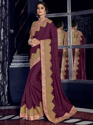 Classy, sensuous and versatile are the perfect words to describe this wine color silk fabrics saree. Ideal for party, festive & social gatherings. this gorgeous saree featuring a beautiful mix of designs. Its attractive color and designer heavy embroidered design, beautiful floral design work over the attire & contrast hemline adds to the look. Comes along with a contrast unstitched blouse.