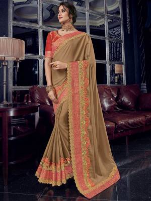 Gorgeously mesmerizing is what you will look at the next wedding gala wearing this beautiful beige color bright georgette saree. Ideal for party, festive & social gatherings. this gorgeous saree featuring a beautiful mix of designs. Its attractive color and designer heavy embroidered design, Flower patch design, zari resham work, stone design, beautiful floral design work over the attire & contrast hemline adds to the look. Comes along with a contrast unstitched blouse.