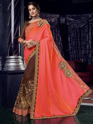 Flaunt your gorgeous look wearing this Dark Peach And Brown color two tone silk fabrics and silk fabrics saree. Ideal for party, festive & social gatherings. this gorgeous saree featuring a beautiful mix of designs. Its attractive color and designer heavy embroidered design, Flower patch design, zari resham work, stone design, beautiful floral design work over the attire & contrast hemline adds to the look. Comes along with a contrast unstitched blouse.