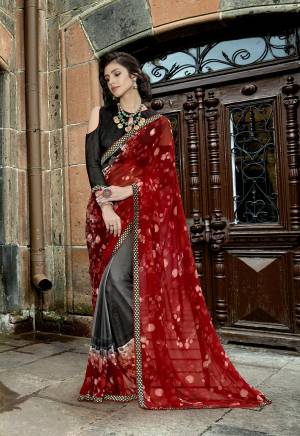 New Combination Is Here With This Saree In Red And Grey Color Paired With Black Colored Blouse. It Is Georgette Based Which Is Easy To Carry And Ensures Superb Comfort All Day Long. 