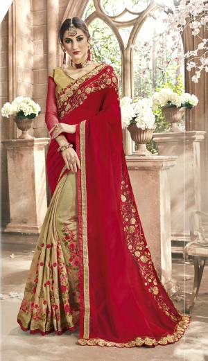 Grab This Designer Saree In Red And Beige Color Paired With Beige Colored Blouse. This Saree Is Fabricated On Georgette And Silk Paired With Art Silk Fabricated Blouse. 