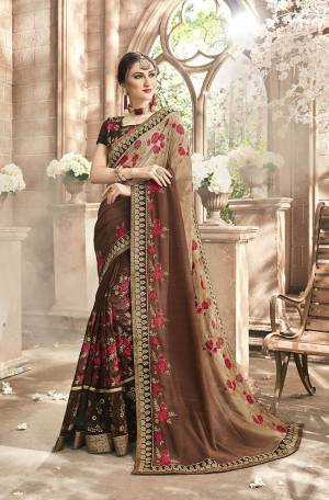 Elegant And Rich Looking Designer Saree IS Here In Beige And Brown Color Paired With Brown Colored Blouse. This Saree Is Fabricated On Chiffon And Silk Paired With Art Silk Fabricated Blouse. Buy Now.