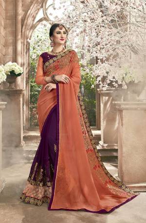 New Combination Is Here With This Designer Saree In Peach And Purple Color Paired With Purple And Peach Colored Blouse. This Saree Is Georgette Based Paired With Art Silk Fabricated Blouse. Buy Now.