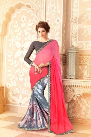 Look Pretty In This Lovely Pink And Grey Colored Saree Paired With Grey Colored Blouse. This Saree Is Georgette Based Paired With Art Silk Fabricated Blouse. Buy Now.