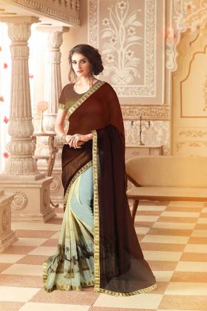 For Your Casual And Semi-Casual Wear, Grab This Weightless Saree In Brown And Cream Color Paired With Brown Colored Blouse. It Is Shaded Over Pallu And Printed Skirt. 