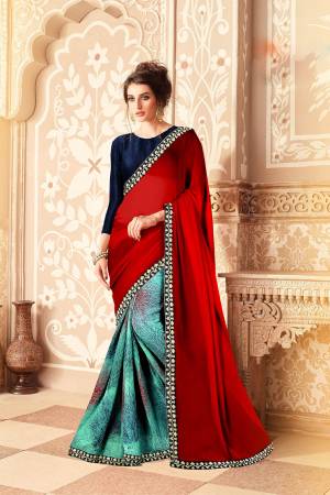 Grab This Beautiful Saree In Red And Light Blue Color Paired With Navy Blue Colored Blouse. This Saree Is Fabricated On Weightless Georgette Paired With Art Silk Fabricated Blouse. Buy Now.