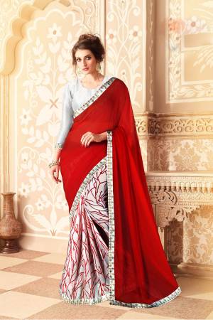 Look Pretty In This Lovely Red And White Colored Saree Paired With White Colored Blouse. This Saree Is Georgette Based Paired With Art Silk Fabricated Blouse. Buy Now.