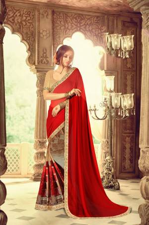 Evergreen Shade Is Here With This Saree In Red And Beige Color Paired With Beige Colored Blouse. This Saree Is Fabricated On Light Weight Georgette With Art Silk Fabricated Blouse. Buy This Now.